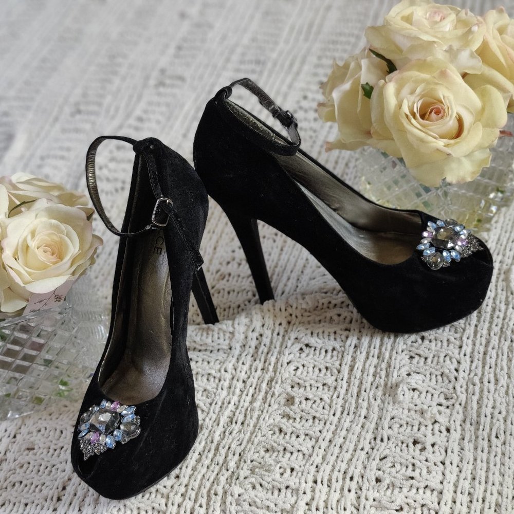 Velvet Platform Mary Jane with Gemstone Detail